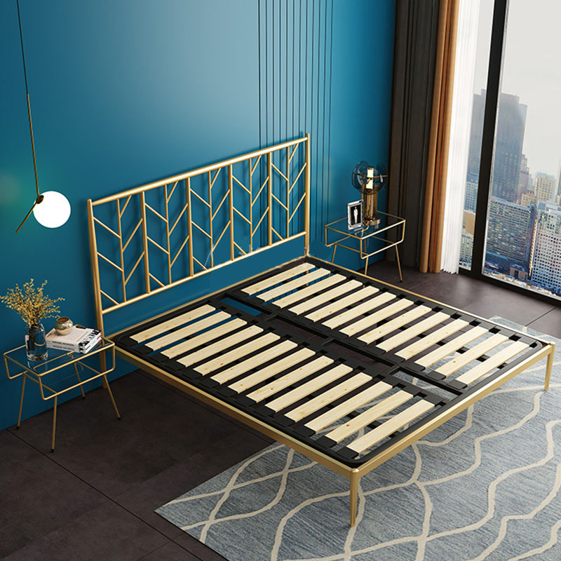 Finish Metallic Open-Frame Bed Glam Wire-Grid Iron Bed Frame with Headboard in Gold