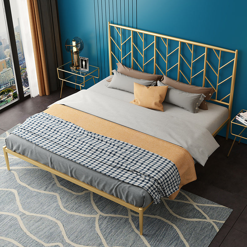 Finish Metallic Open-Frame Bed Glam Wire-Grid Iron Bed Frame with Headboard in Gold