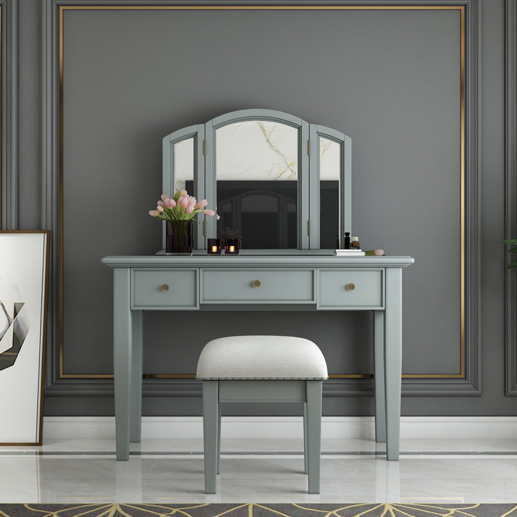 Traditional 3-Drawer Wood Dressing Table with Mirror Makeup Vanity Stool