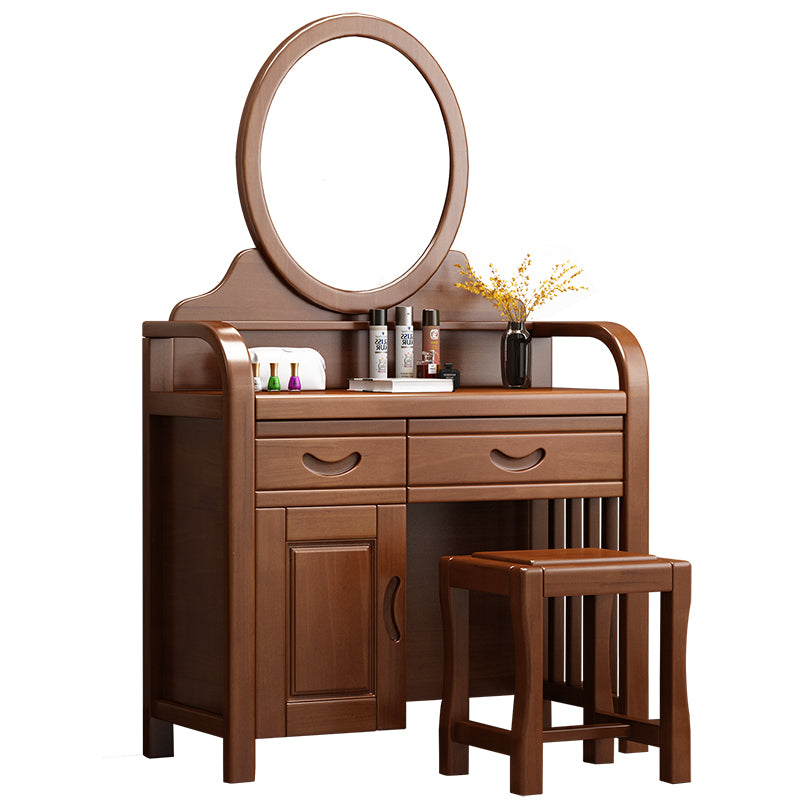 Traditional 2-Drawer Solid Wood Dressing Table with Mirror Makeup Vanity Stool