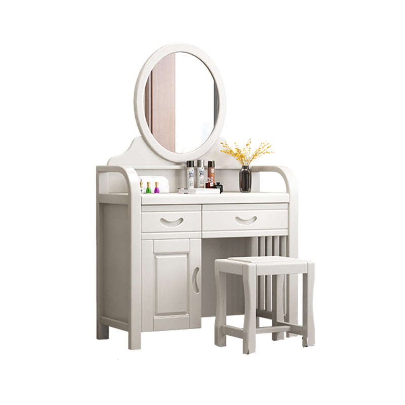 Traditional 2-Drawer Solid Wood Dressing Table with Mirror Makeup Vanity Stool