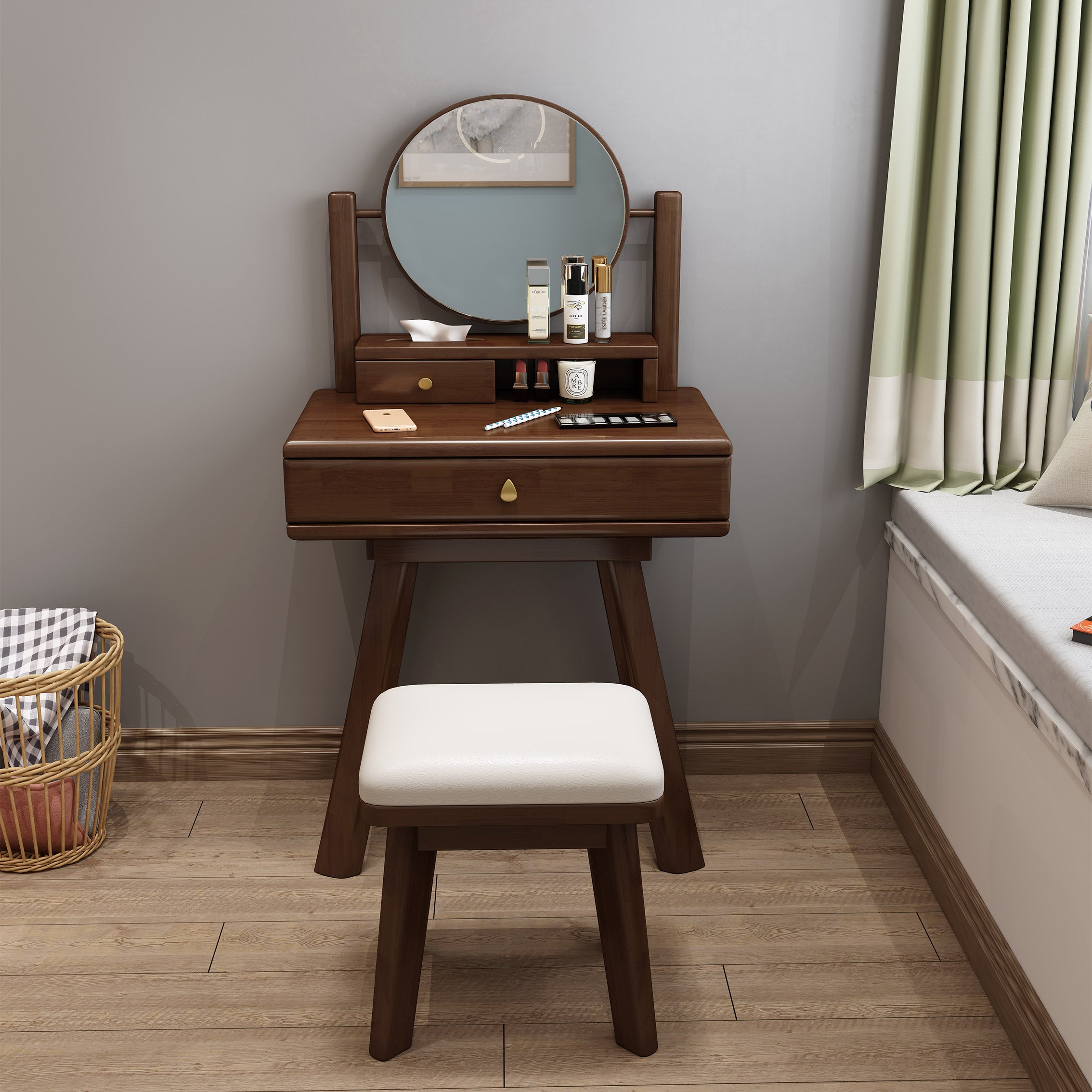 Scandinavian Solid Wood Table Makeup Vanity with Mirror and Drawers