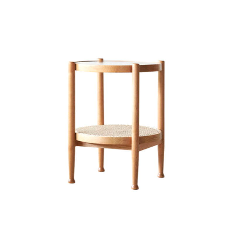 Modern Glass Top Solid Wood 4 Legs Round Double Tier Living Room Side Table