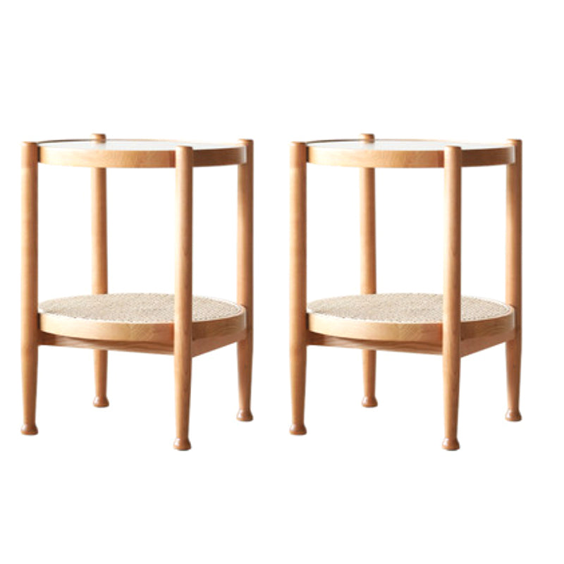 Modern Glass Top Solid Wood 4 Legs Round Double Tier Living Room Side Table