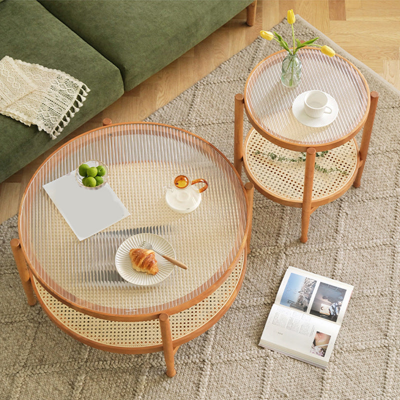 Modern Glass Top Solid Wood 4 Legs Round Double Tier Living Room Side Table