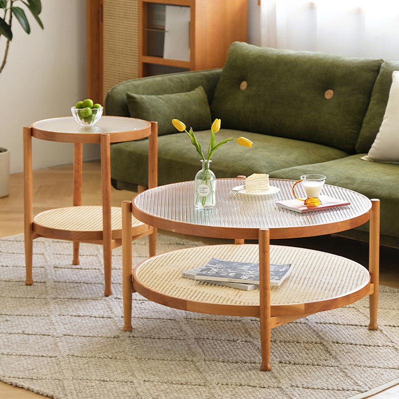 Modern Glass Top Solid Wood 4 Legs Round Double Tier Living Room Side Table