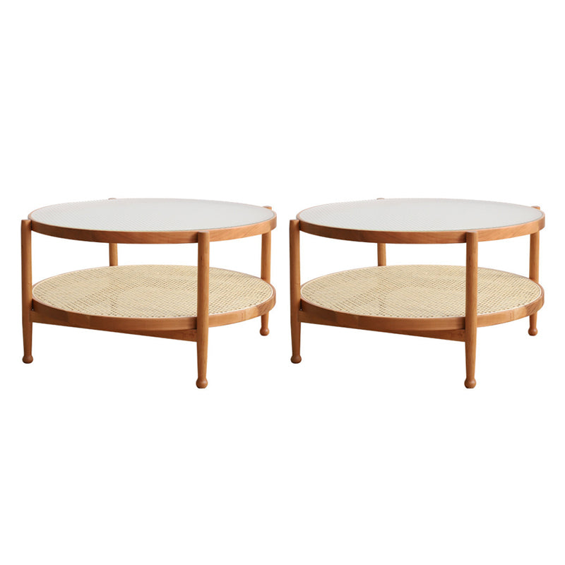 Modern Glass Top Solid Wood 4 Legs Round Double Tier Living Room Side Table