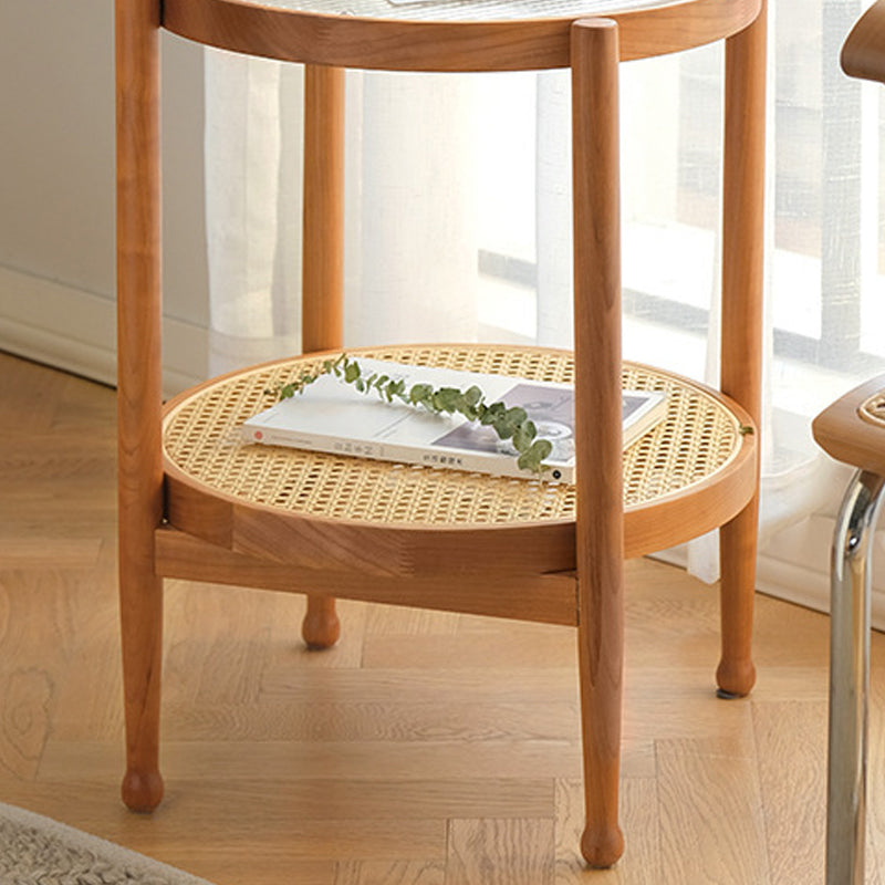Modern Glass Top Solid Wood 4 Legs Round Double Tier Living Room Side Table