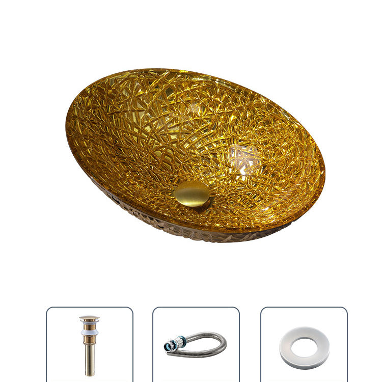Creative Oval Bathroom Sink Glass Vessel Lavatory Sink with Pop-Up Drain