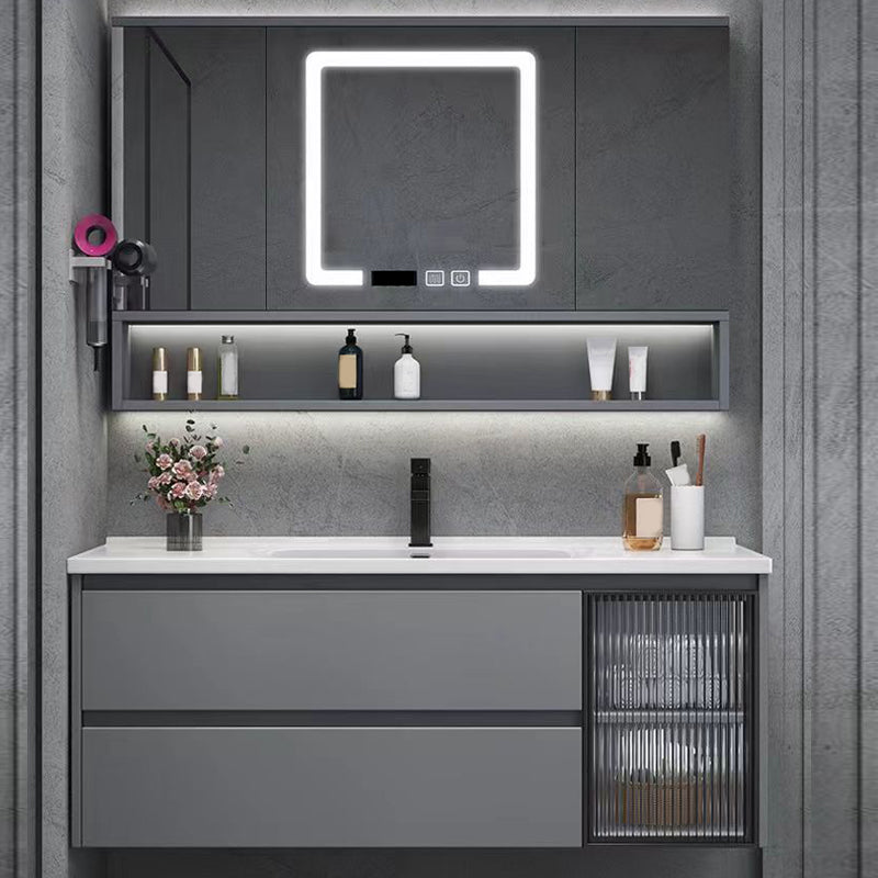 Contemporary Sink Cabinet Metal Gray Wall-Mounted Bathroom Vanity Set