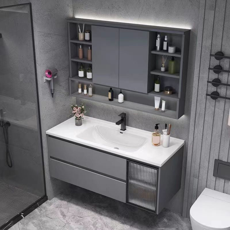 Contemporary Sink Cabinet Metal Gray Wall-Mounted Bathroom Vanity Set