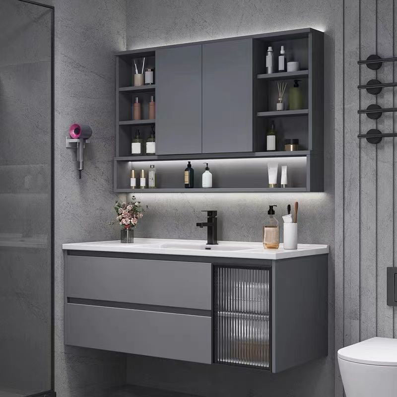 Contemporary Sink Cabinet Metal Gray Wall-Mounted Bathroom Vanity Set