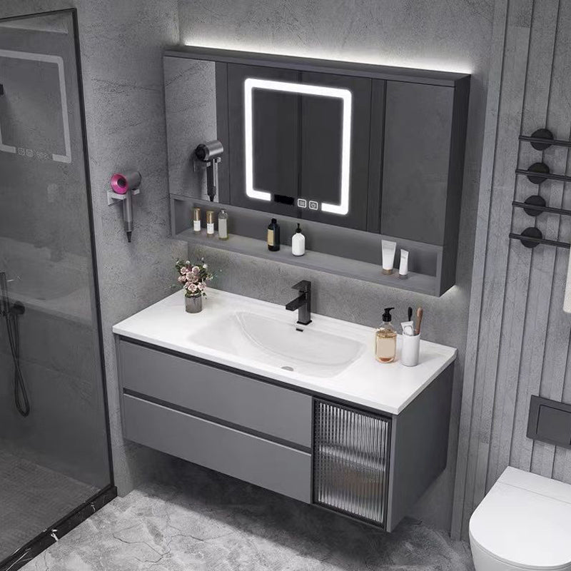 Contemporary Sink Cabinet Metal Gray Wall-Mounted Bathroom Vanity Set