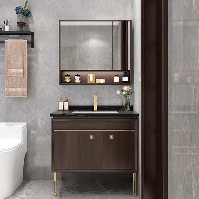 Freestanding Vanity Mirror Rectangle Single Sink Wood Frame Vanity Set with Drawers