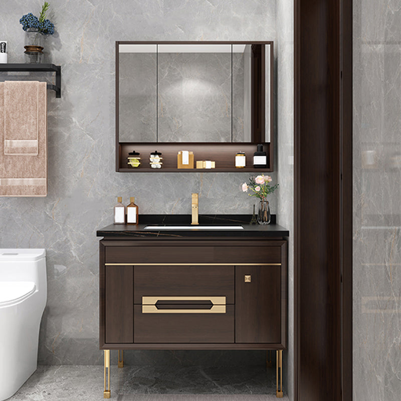 Freestanding Vanity Mirror Rectangle Single Sink Wood Frame Vanity Set with Drawers