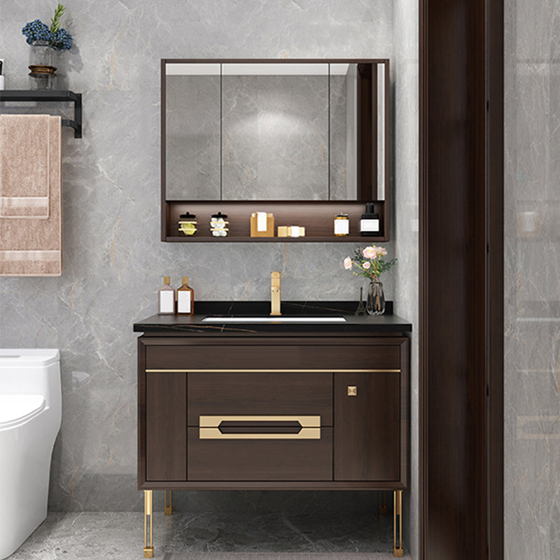Freestanding Vanity Mirror Rectangle Single Sink Wood Frame Vanity Set with Drawers