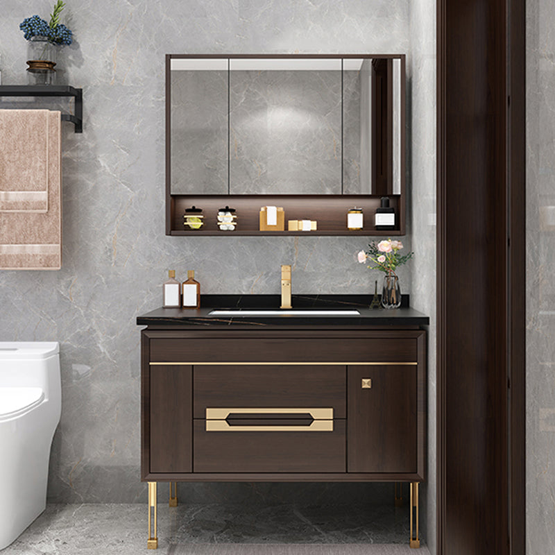 Freestanding Vanity Mirror Rectangle Single Sink Wood Frame Vanity Set with Drawers