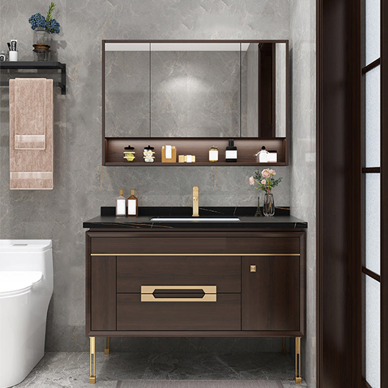 Freestanding Vanity Mirror Rectangle Single Sink Wood Frame Vanity Set with Drawers