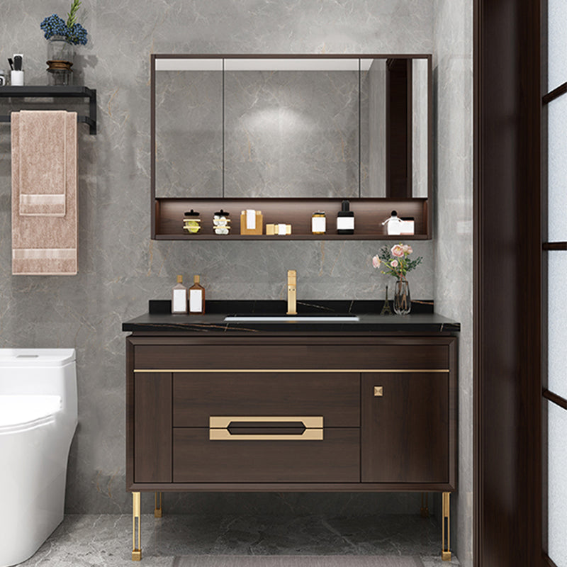 Freestanding Vanity Mirror Rectangle Single Sink Wood Frame Vanity Set with Drawers