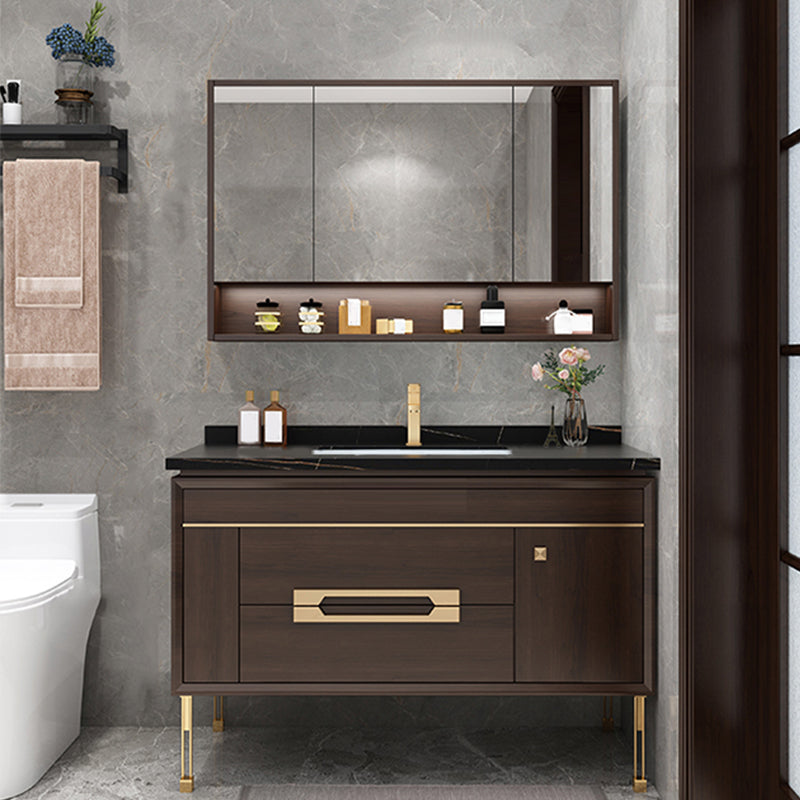 Freestanding Vanity Mirror Rectangle Single Sink Wood Frame Vanity Set with Drawers