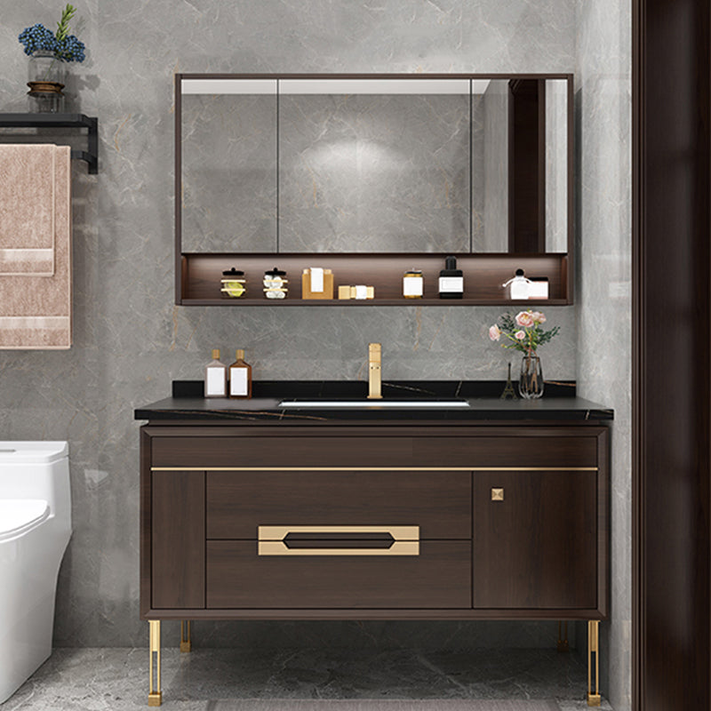 Freestanding Vanity Mirror Rectangle Single Sink Wood Frame Vanity Set with Drawers