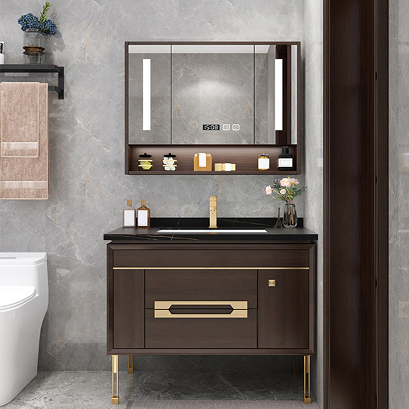 Freestanding Vanity Mirror Rectangle Single Sink Wood Frame Vanity Set with Drawers