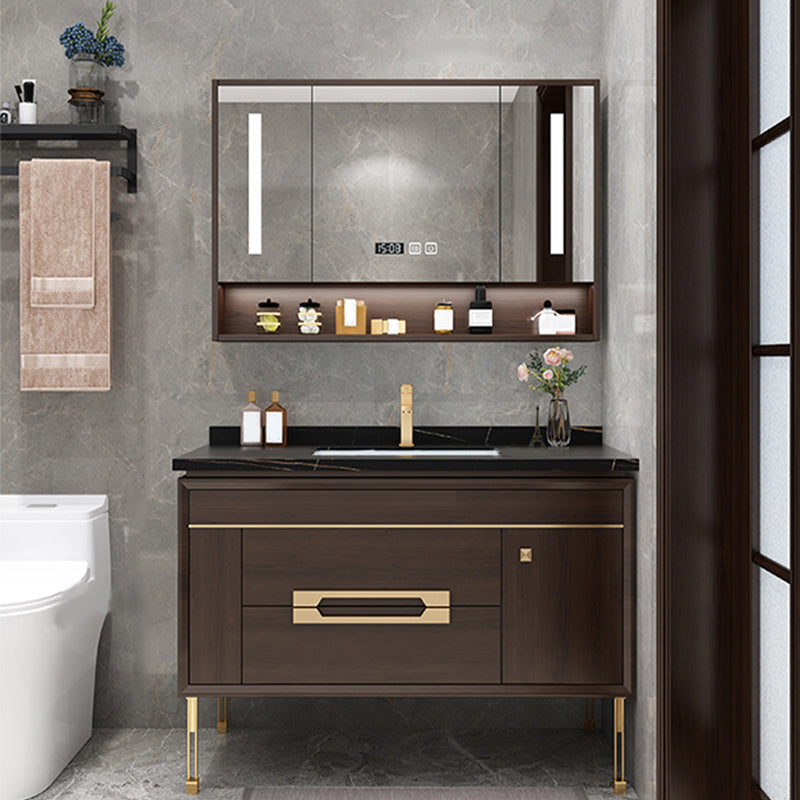 Freestanding Vanity Mirror Rectangle Single Sink Wood Frame Vanity Set with Drawers