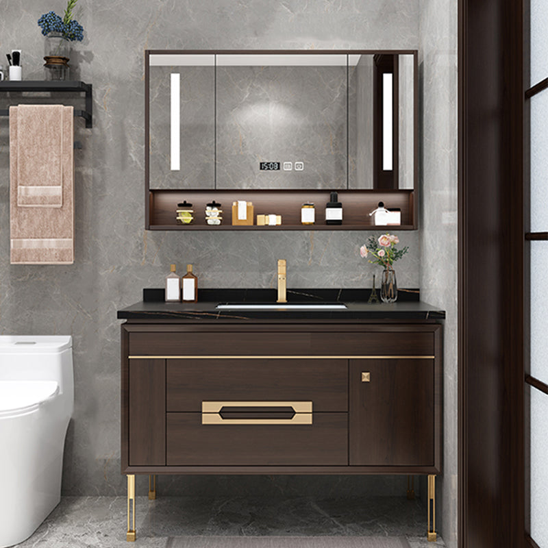 Freestanding Vanity Mirror Rectangle Single Sink Wood Frame Vanity Set with Drawers