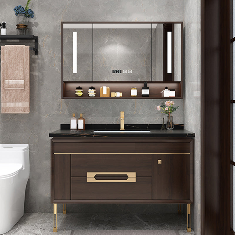 Freestanding Vanity Mirror Rectangle Single Sink Wood Frame Vanity Set with Drawers