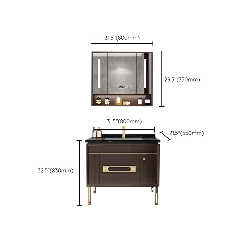 Freestanding Vanity Mirror Rectangle Single Sink Wood Frame Vanity Set with Drawers