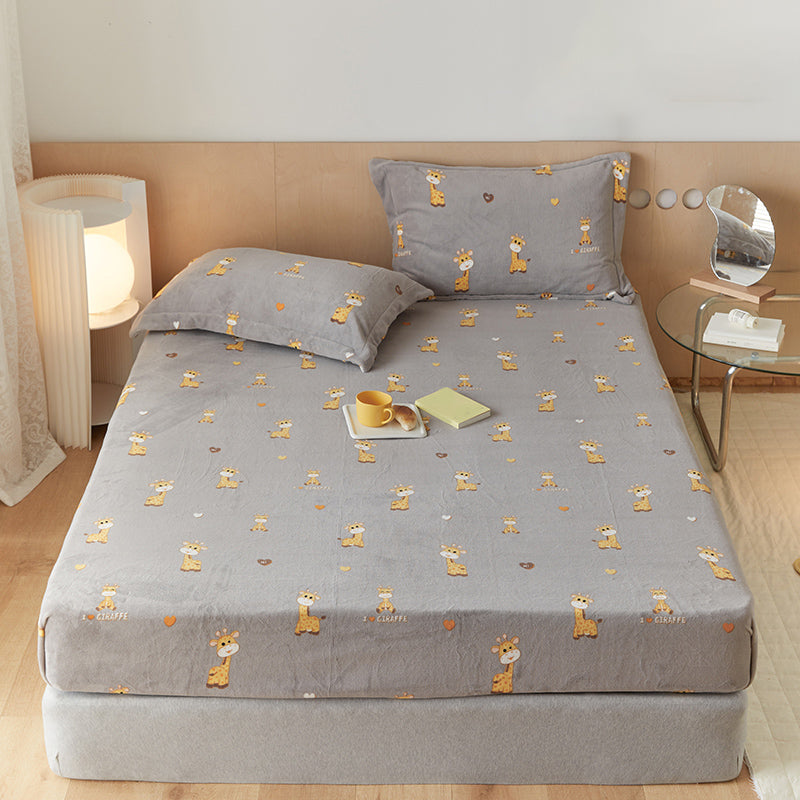Fitted Sheet Cartoon Pattern Flannel Non-Pilling Fade Resistant Bed Sheet Set
