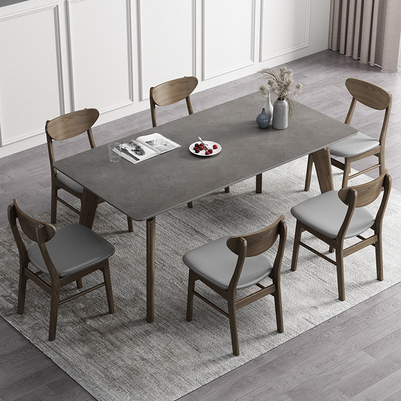 Industrial Style Rectangle Dining Table Sintered Stone Table with Wood Legs
