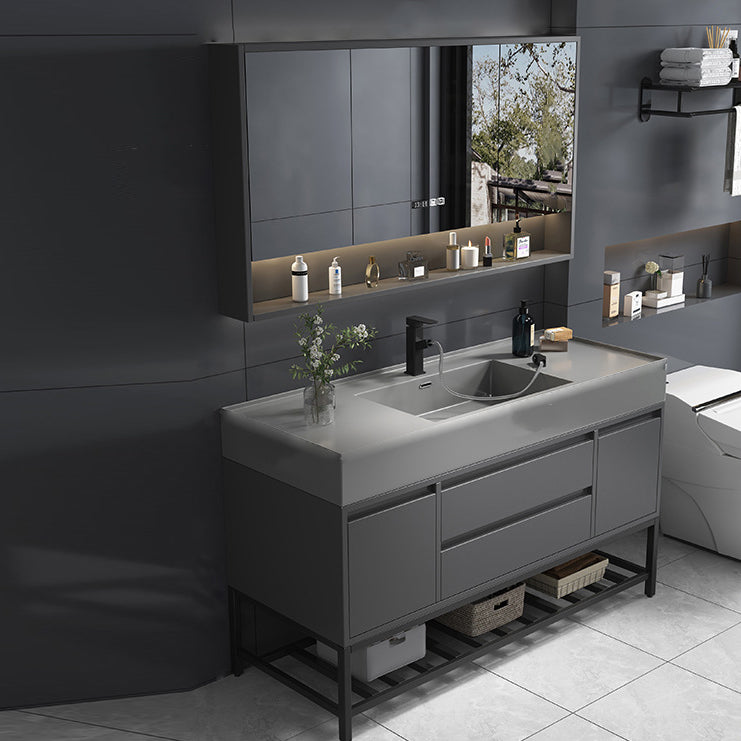 Single Sink Grey Vanity Shelving Included Mirror Rectangle Vanity with 2 Drawers