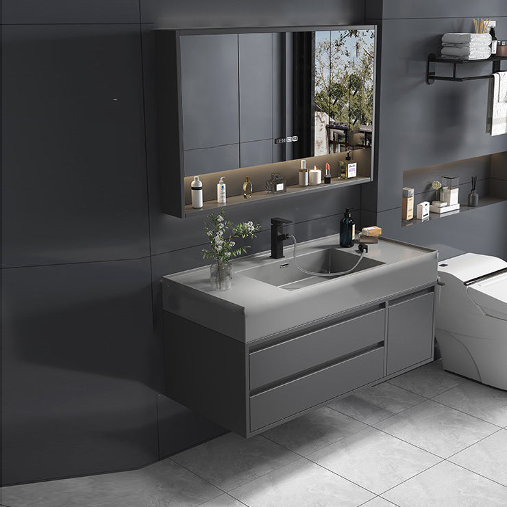 Single Sink Grey Vanity Shelving Included Mirror Rectangle Vanity with 2 Drawers