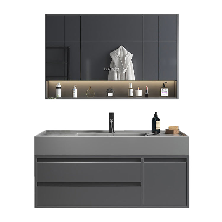 Single Sink Grey Vanity Shelving Included Mirror Rectangle Vanity with 2 Drawers