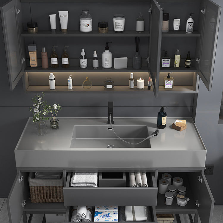 Single Sink Grey Vanity Shelving Included Mirror Rectangle Vanity with 2 Drawers