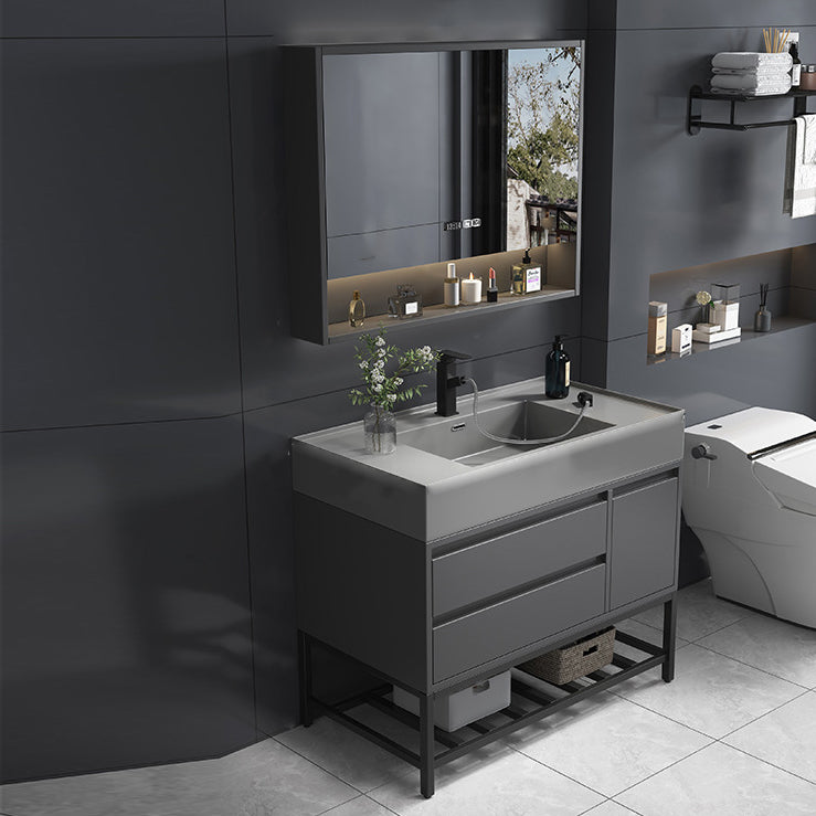 Single Sink Grey Vanity Shelving Included Mirror Rectangle Vanity with 2 Drawers