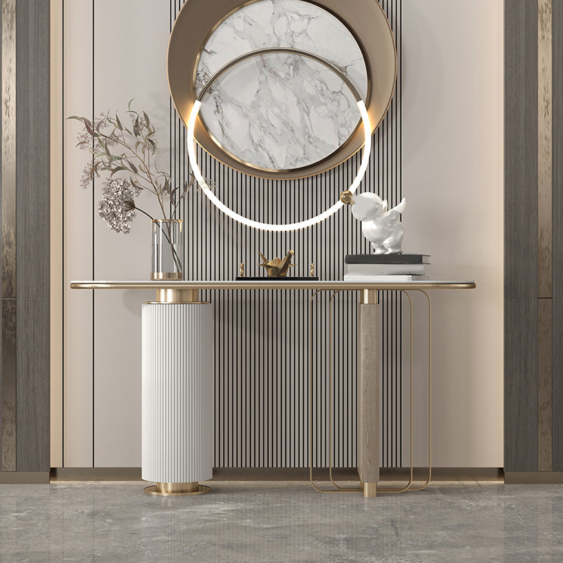 Glam White Oval Console Table Stone Console Sofa Table for Hall
