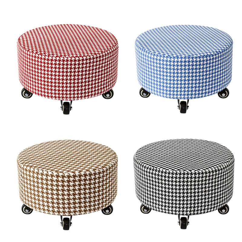 Cotton Blend Ottoman Houndstooth Pattern Fade Resistant Round Ottoman with Wheels