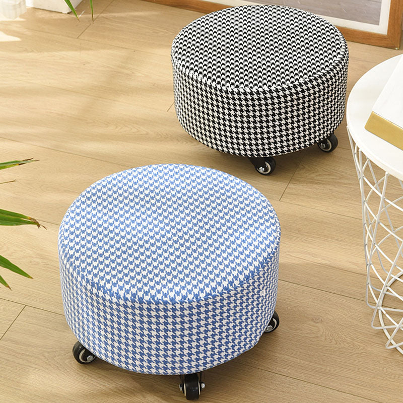 Cotton Blend Ottoman Houndstooth Pattern Fade Resistant Round Ottoman with Wheels