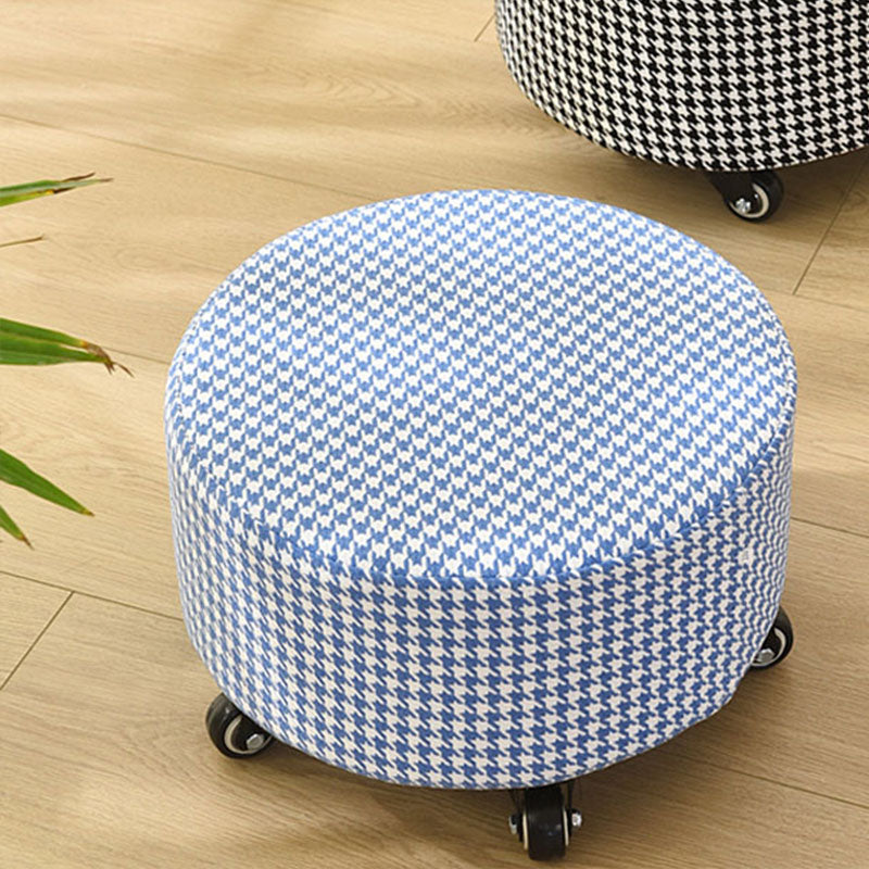 Cotton Blend Ottoman Houndstooth Pattern Fade Resistant Round Ottoman with Wheels