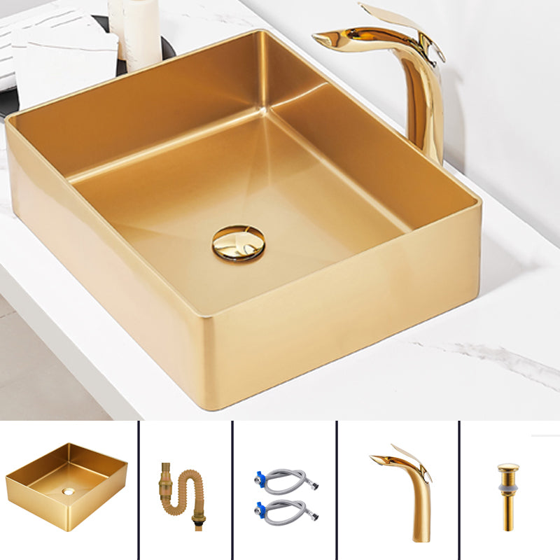 Contemporary Bathroom Sink Metal Rectangular Trough Sink with Pop-Up Drain