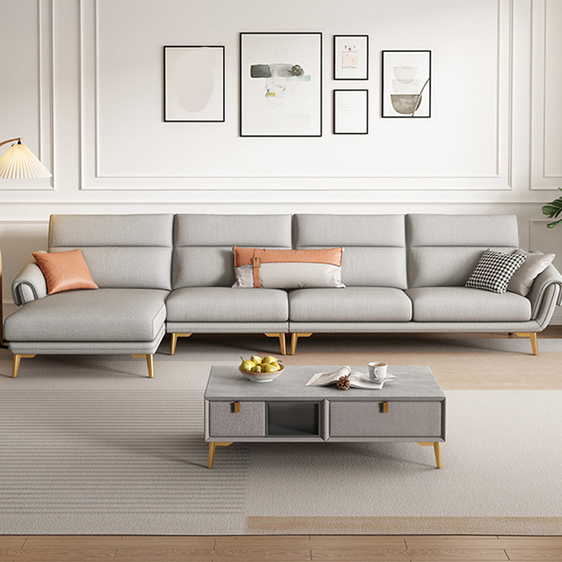 Mid Century Sofa and Chaise in Gray Flared Arm Sewn Pillow Back Sofa