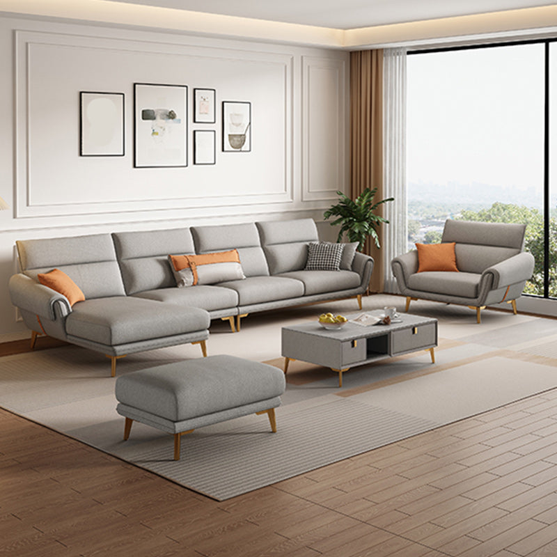 Mid Century Sofa and Chaise in Gray Flared Arm Sewn Pillow Back Sofa