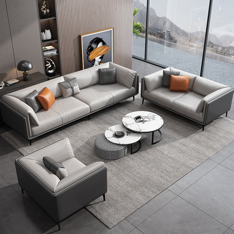 Minimalist Pillow Top Arm Sofa Gray Leather Loose Back Cushions Sofa