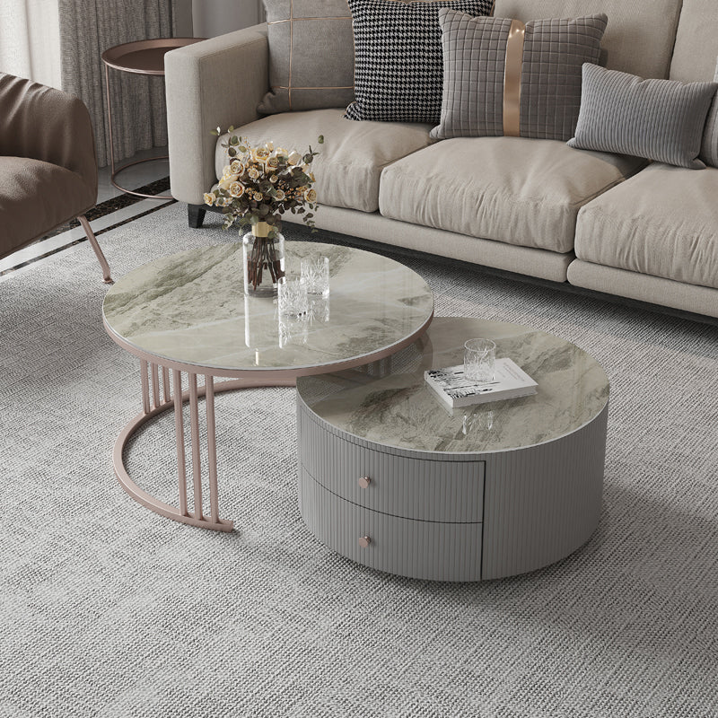 Modern Cocktail Table Round Glass / Slate Coffee Table with Storage
