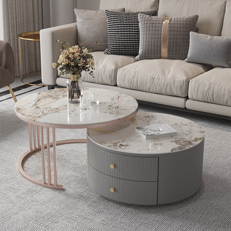 Modern Cocktail Table Round Glass / Slate Coffee Table with Storage