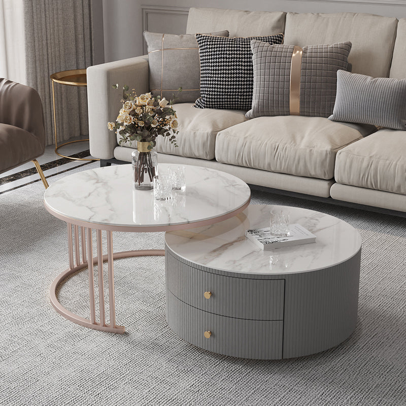Modern Cocktail Table Round Glass / Slate Coffee Table with Storage
