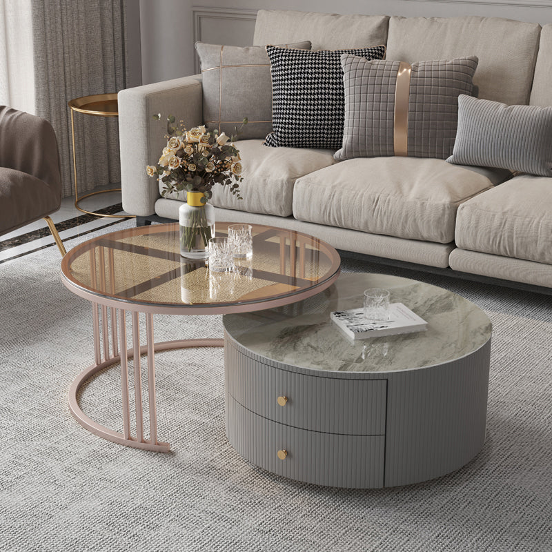Modern Cocktail Table Round Glass / Slate Coffee Table with Storage