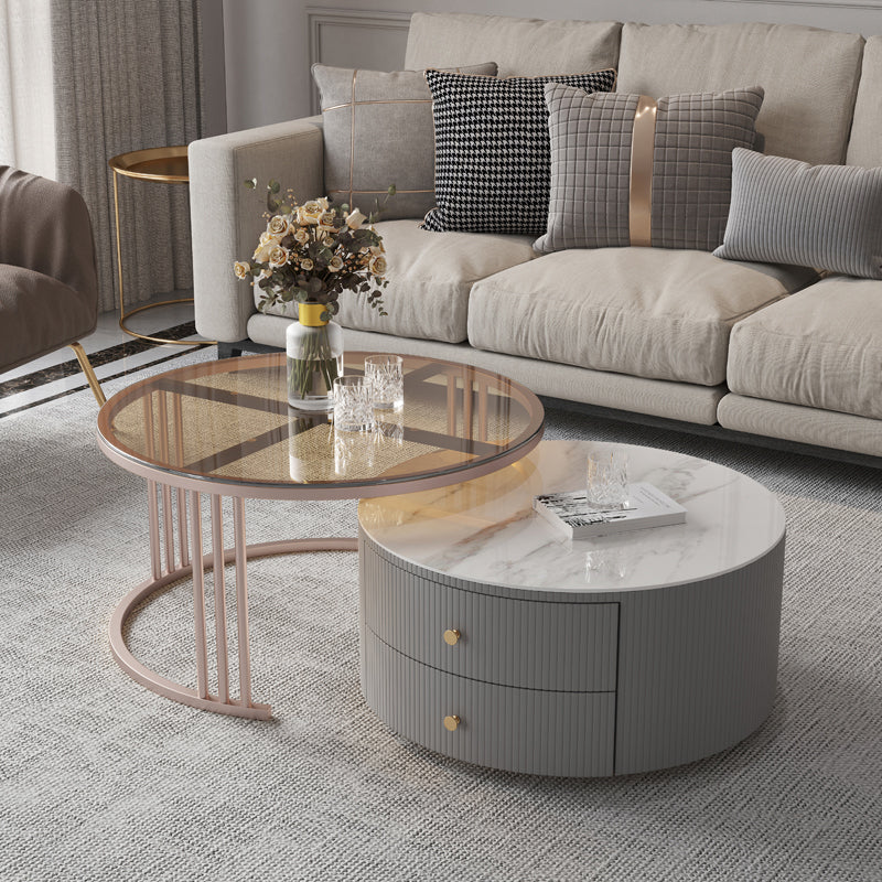 Modern Cocktail Table Round Glass / Slate Coffee Table with Storage